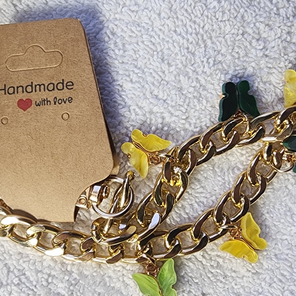 Hand Crafted Gold Chain and Green-Yellow Butterfly Charms - Picture 9 of 10